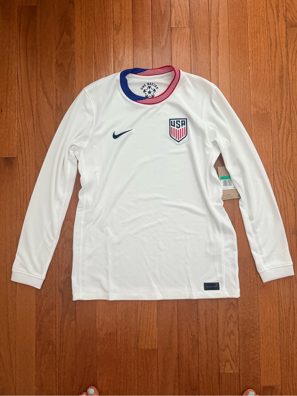 Nike Kids White USA Long Sleeve Soccer Jersey Top with Red & Blue Trim